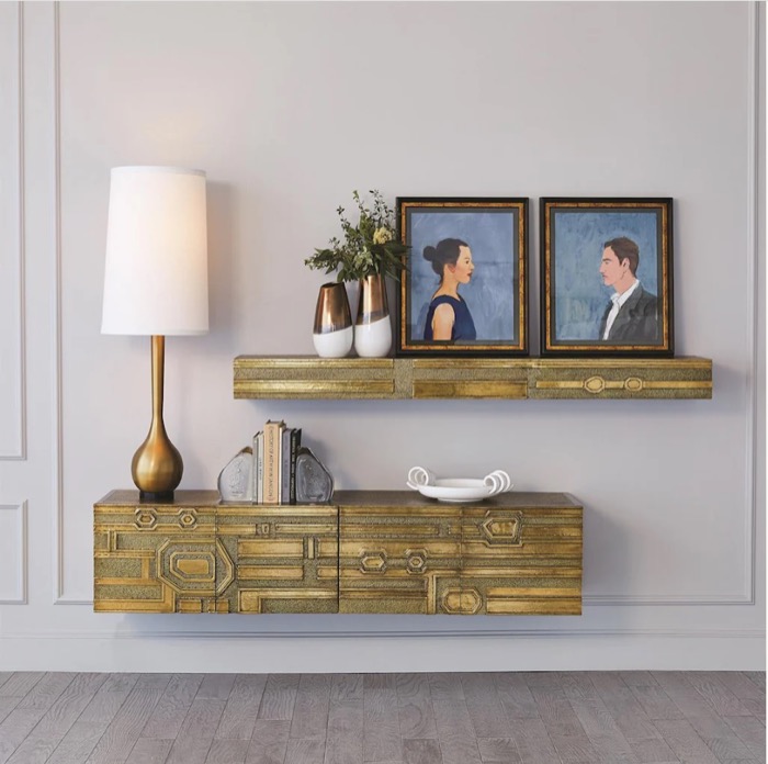 Abstract Floating Shelf Console Brass view 2